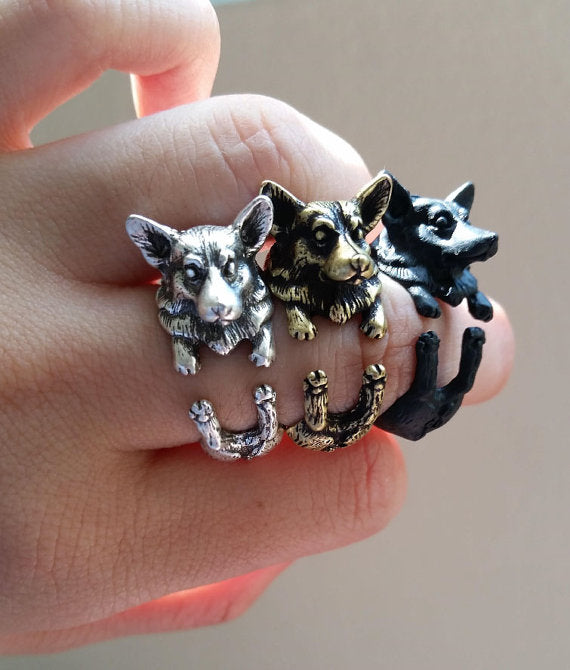 Handmade Pembroke Welsh Corgi Ring Retro Jewelry Free size Animal Wrap Wolf Rings Fashion Bijoux For Men Women Birthdays - Wolfmall