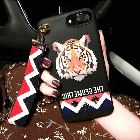 Fashion 3D Animal Stud Rivet Wrist Strap Case for iPhone 7 Case Tiger Rabbit Wolf Soft Silicone Cover for iPhone 8 7 6 Plus Capa - Wolfmall