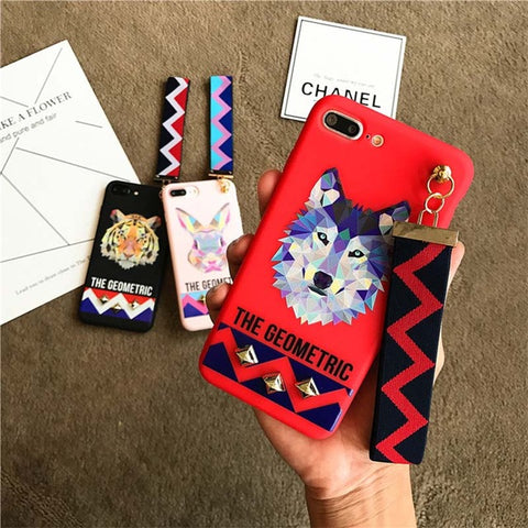 Fashion 3D Animal Stud Rivet Wrist Strap Case for iPhone 7 Case Tiger Rabbit Wolf Soft Silicone Cover for iPhone 8 7 6 Plus Capa - Wolfmall