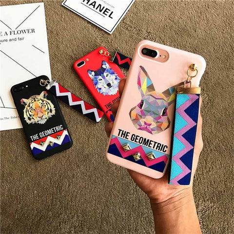 Fashion 3D Animal Stud Rivet Wrist Strap Case for iPhone 7 Case Tiger Rabbit Wolf Soft Silicone Cover for iPhone 8 7 6 Plus Capa - Wolfmall