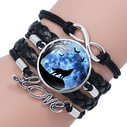 NingXiang Popular Black Color Gothic Wolf Moon Glass Dome Charm Bracelet Bangle Jewelry Love Boy Men Handmade Sirius Accessories - Wolfmall
