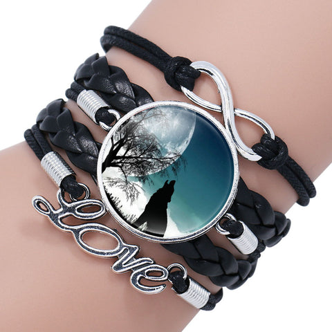 NingXiang Popular Black Color Gothic Wolf Moon Glass Dome Charm Bracelet Bangle Jewelry Love Boy Men Handmade Sirius Accessories - Wolfmall