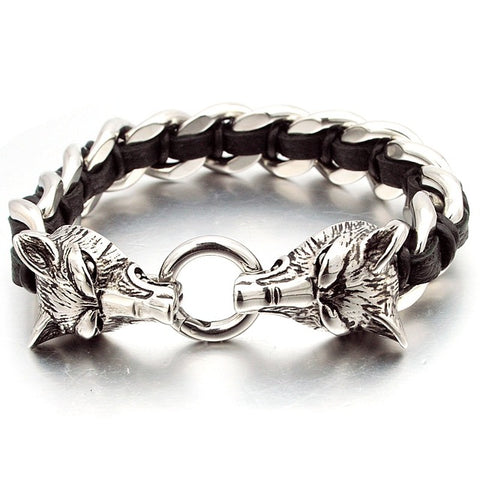 NIENDO Promotion Double Wolf Head Animal Silver Color Bracelet High Quality Stainless Steel Men Jewelry Party Gift DB971 - Wolfmall