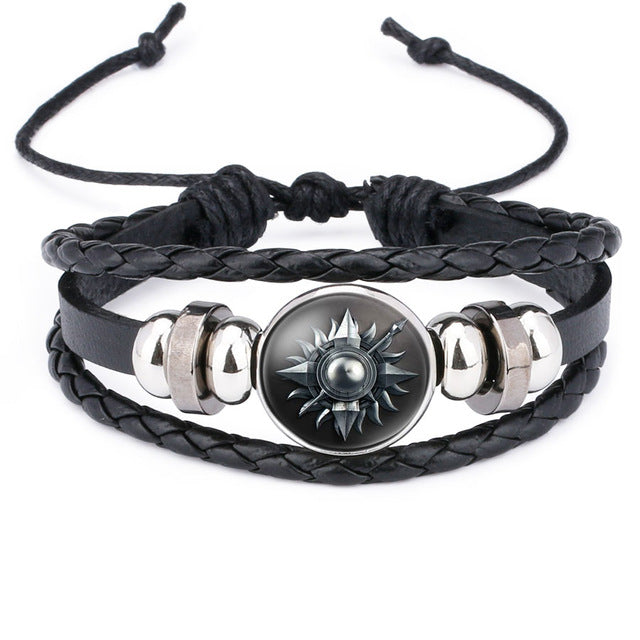 NingXiang Game of Thrones House Stark Wolf Glass Cabochon Leather Bracelets Multi Layers Weave Handmade Punk Black Men Bracelets - Wolfmall