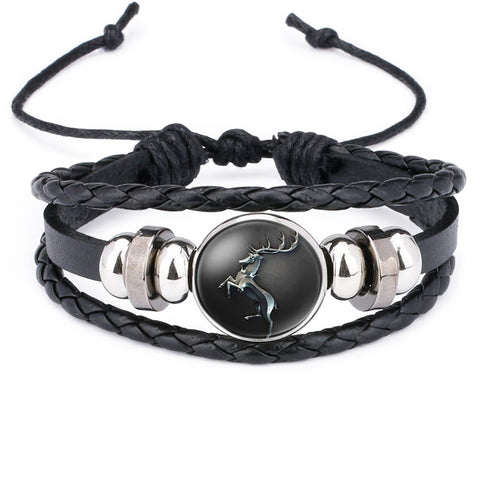 NingXiang Game of Thrones House Stark Wolf Glass Cabochon Leather Bracelets Multi Layers Weave Handmade Punk Black Men Bracelets - Wolfmall