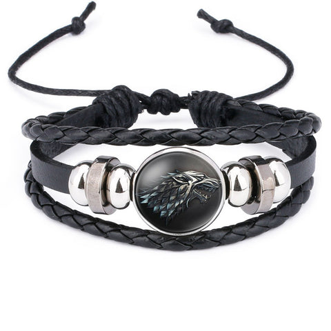 NingXiang Game of Thrones House Stark Wolf Glass Cabochon Leather Bracelets Multi Layers Weave Handmade Punk Black Men Bracelets - Wolfmall