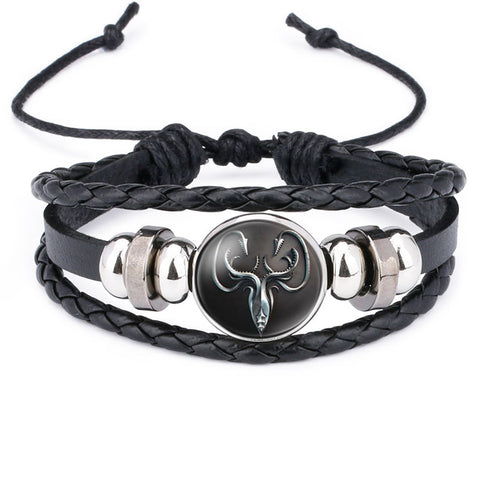 NingXiang Game of Thrones House Stark Wolf Glass Cabochon Leather Bracelets Multi Layers Weave Handmade Punk Black Men Bracelets - Wolfmall