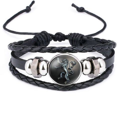 NingXiang Game of Thrones House Stark Wolf Glass Cabochon Leather Bracelets Multi Layers Weave Handmade Punk Black Men Bracelets - Wolfmall