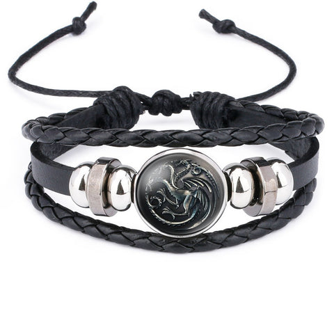 NingXiang Game of Thrones House Stark Wolf Glass Cabochon Leather Bracelets Multi Layers Weave Handmade Punk Black Men Bracelets - Wolfmall