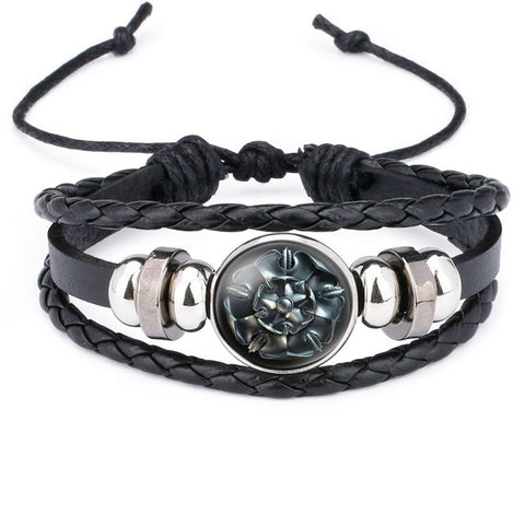 NingXiang Game of Thrones House Stark Wolf Glass Cabochon Leather Bracelets Multi Layers Weave Handmade Punk Black Men Bracelets - Wolfmall