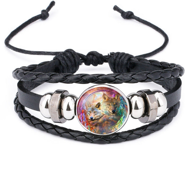 NingXiang Hot Sale Moon Wolf Howling Handmade Glass Cabochon Woven Leather Bangles Mens Black Cool Punk Animal Bracelet Jewelry - Wolfmall