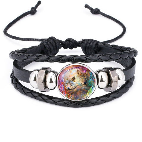 NingXiang Hot Sale Moon Wolf Howling Handmade Glass Cabochon Woven Leather Bangles Mens Black Cool Punk Animal Bracelet Jewelry - Wolfmall
