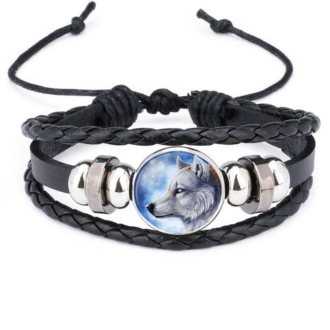 NingXiang Hot Sale Moon Wolf Howling Handmade Glass Cabochon Woven Leather Bangles Mens Black Cool Punk Animal Bracelet Jewelry - Wolfmall