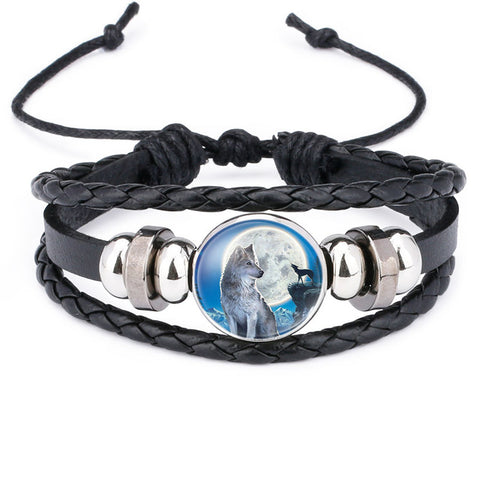 NingXiang Hot Sale Moon Wolf Howling Handmade Glass Cabochon Woven Leather Bangles Mens Black Cool Punk Animal Bracelet Jewelry - Wolfmall