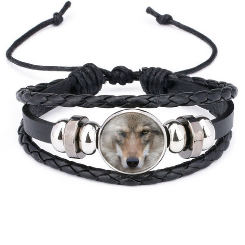 NingXiang Hot Sale Moon Wolf Howling Handmade Glass Cabochon Woven Leather Bangles Mens Black Cool Punk Animal Bracelet Jewelry - Wolfmall