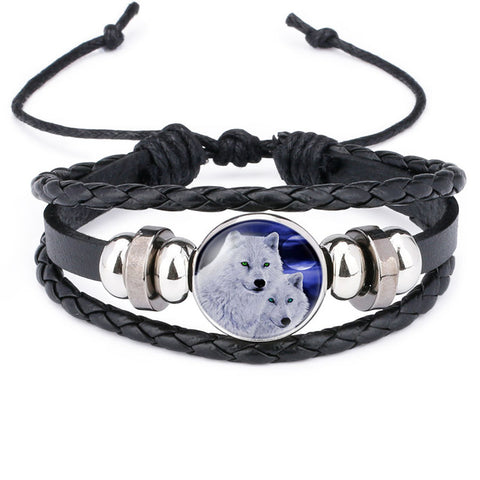 NingXiang Hot Sale Moon Wolf Howling Handmade Glass Cabochon Woven Leather Bangles Mens Black Cool Punk Animal Bracelet Jewelry - Wolfmall
