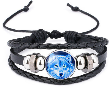 NingXiang Hot Sale Moon Wolf Howling Handmade Glass Cabochon Woven Leather Bangles Mens Black Cool Punk Animal Bracelet Jewelry - Wolfmall