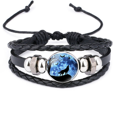 NingXiang Hot Sale Moon Wolf Howling Handmade Glass Cabochon Woven Leather Bangles Mens Black Cool Punk Animal Bracelet Jewelry - Wolfmall
