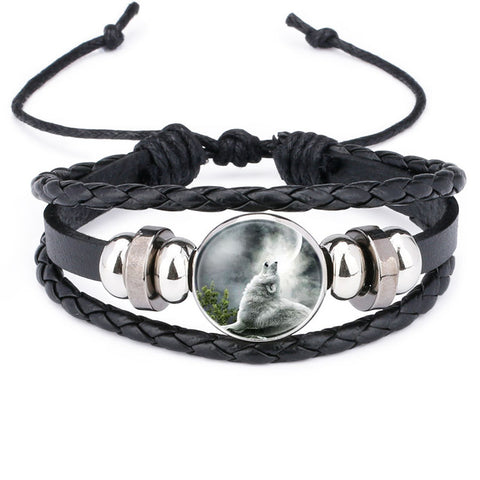 NingXiang Hot Sale Moon Wolf Howling Handmade Glass Cabochon Woven Leather Bangles Mens Black Cool Punk Animal Bracelet Jewelry - Wolfmall