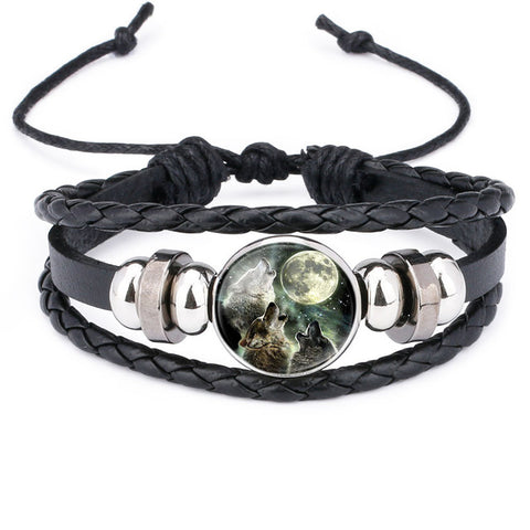 NingXiang Hot Sale Moon Wolf Howling Handmade Glass Cabochon Woven Leather Bangles Mens Black Cool Punk Animal Bracelet Jewelry - Wolfmall