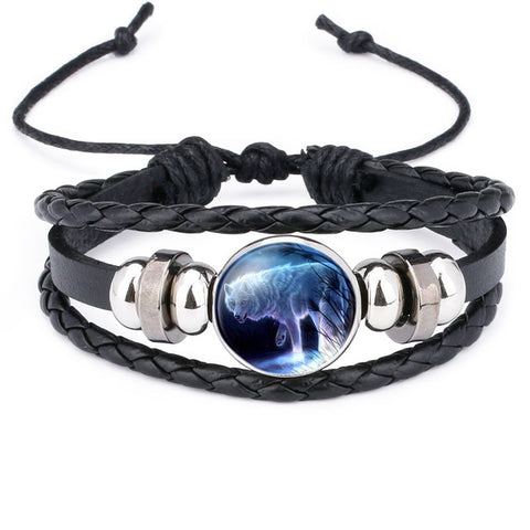 NingXiang Hot Sale Moon Wolf Howling Handmade Glass Cabochon Woven Leather Bangles Mens Black Cool Punk Animal Bracelet Jewelry - Wolfmall