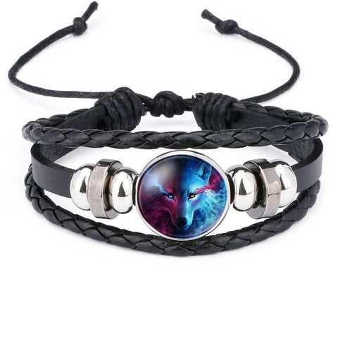 NingXiang Hot Sale Moon Wolf Howling Handmade Glass Cabochon Woven Leather Bangles Mens Black Cool Punk Animal Bracelet Jewelry - Wolfmall