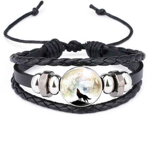 NingXiang Hot Sale Moon Wolf Howling Handmade Glass Cabochon Woven Leather Bangles Mens Black Cool Punk Animal Bracelet Jewelry - Wolfmall