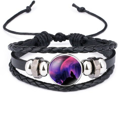 NingXiang Hot Sale Moon Wolf Howling Handmade Glass Cabochon Woven Leather Bangles Mens Black Cool Punk Animal Bracelet Jewelry - Wolfmall