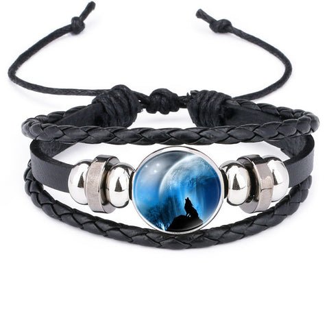 NingXiang Hot Sale Moon Wolf Howling Handmade Glass Cabochon Woven Leather Bangles Mens Black Cool Punk Animal Bracelet Jewelry - Wolfmall