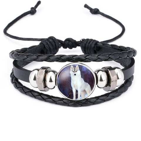 NingXiang Hot Sale Moon Wolf Howling Handmade Glass Cabochon Woven Leather Bangles Mens Black Cool Punk Animal Bracelet Jewelry - Wolfmall