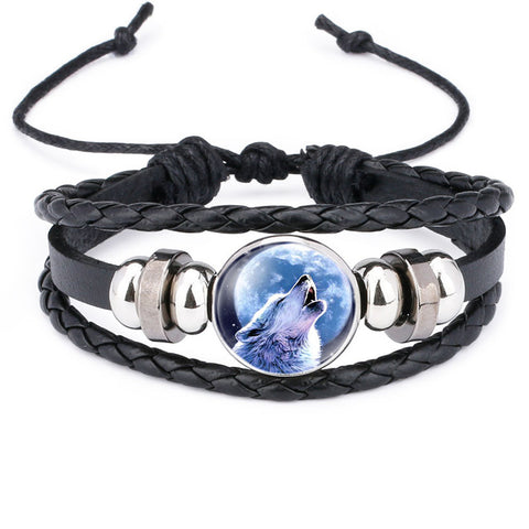 NingXiang Hot Sale Moon Wolf Howling Handmade Glass Cabochon Woven Leather Bangles Mens Black Cool Punk Animal Bracelet Jewelry - Wolfmall