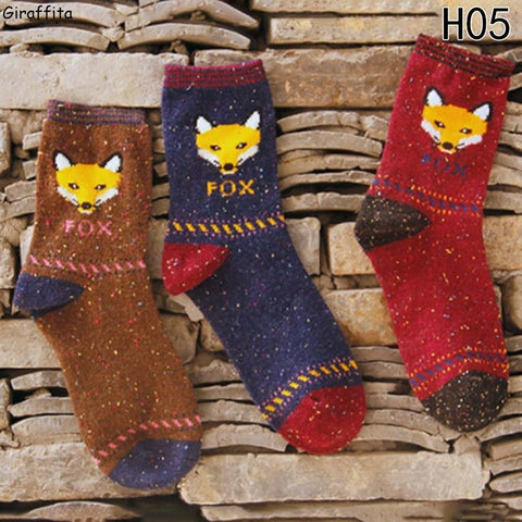 Random Color! Harajuku Animal Fox Wolf Striped Brand Lovely Cute Christmas Thick Wool Cotton Women Girl Crew Socks Winter - Wolfmall