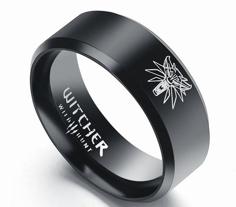 New Hot Selling Game The Witcher 3 Black Gold 316L Stainless Steel Ring Wild Hunt Medallion Bike Rings For Men Punk Wolf Jewelry - Wolfmall