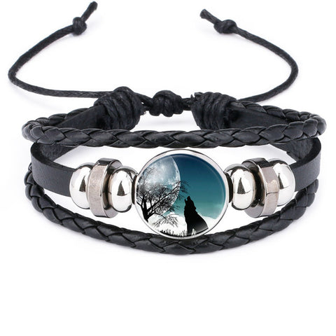 NingXiang Hot Sale Moon Wolf Howling Handmade Glass Cabochon Woven Leather Bangles Mens Black Cool Punk Animal Bracelet Jewelry - Wolfmall