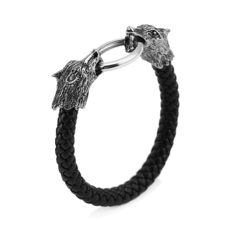 Man Wolf Head Wolf Totem Bracelet Alloy  Leather Bracelet - Wolfmall
