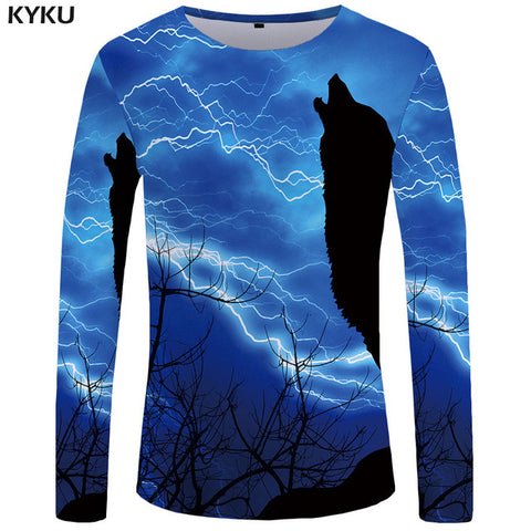 KYKU Wolf Long sleeve T shirt Flame Tops  Tees  Tshirt  3d T-shirt  Clothing Men Fashion Punk Male New - Wolfmall