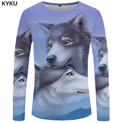 KYKU Wolf Long sleeve T shirt Flame Tops  Tees  Tshirt  3d T-shirt  Clothing Men Fashion Punk Male New - Wolfmall