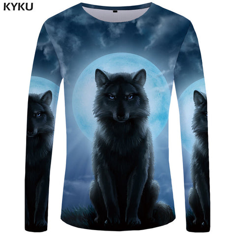 KYKU Wolf Long sleeve T shirt Flame Tops  Tees  Tshirt  3d T-shirt  Clothing Men Fashion Punk Male New - Wolfmall