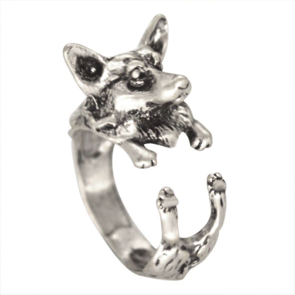 Kinitial 1Pcs Antique Silver Bronze Wolf Boho Chic Welsh Corgi Dog Ring Animal English Dog Ring Hippie Knuckles Rings for Women - Wolfmall