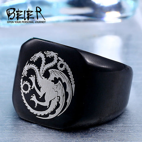 BEIER Hight Polished Stainless Steel Jewelry Game Of Thrones House Starks Winterfell Wolf/Dargon Signet Men Ring BR8-274 - Wolfmall