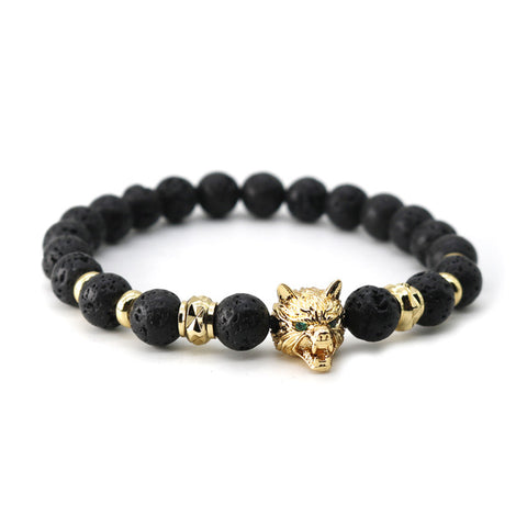 Gold color Animal Wolf Bracelet Men Black Lava Stone Beaded Bracelets Pulseira Masculina AW-3 - Wolfmall