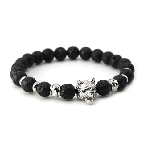 Gold color Animal Wolf Bracelet Men Black Lava Stone Beaded Bracelets Pulseira Masculina AW-3 - Wolfmall