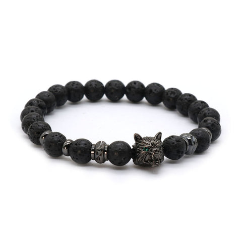 Gold color Animal Wolf Bracelet Men Black Lava Stone Beaded Bracelets Pulseira Masculina AW-3 - Wolfmall