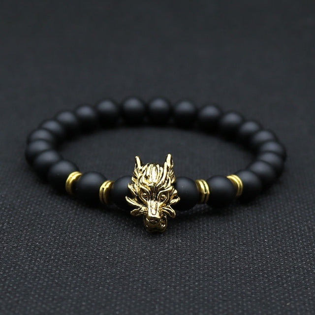 8mm Silver Plated Animal Wolf Head Bracelet With Natural Black Lava Rock Stone Energy Men Beaded Bracelets For Women A-5 - Wolfmall
