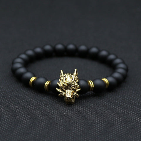 8mm Silver Plated Animal Wolf Head Bracelet With Natural Black Lava Rock Stone Energy Men Beaded Bracelets For Women A-5 - Wolfmall