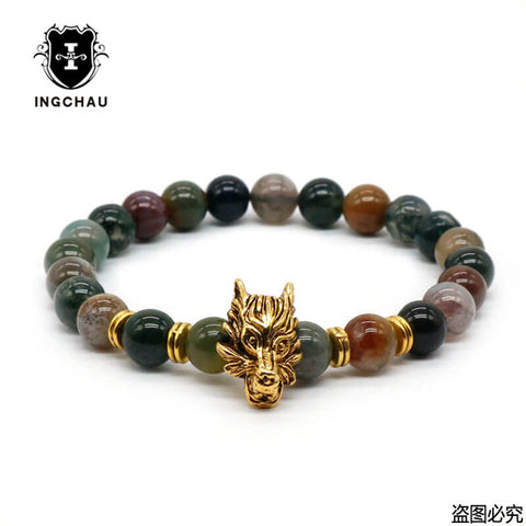 8mm Silver Plated Animal Wolf Head Bracelet With Natural Black Lava Rock Stone Energy Men Beaded Bracelets For Women A-5 - Wolfmall