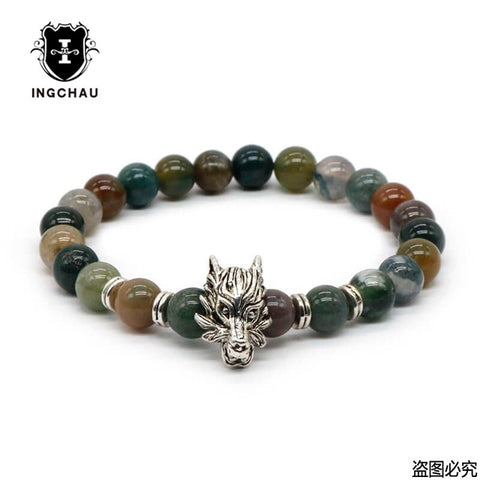 8mm Silver Plated Animal Wolf Head Bracelet With Natural Black Lava Rock Stone Energy Men Beaded Bracelets For Women A-5 - Wolfmall