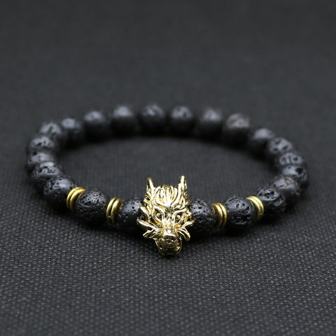 8mm Silver Plated Animal Wolf Head Bracelet With Natural Black Lava Rock Stone Energy Men Beaded Bracelets For Women A-5 - Wolfmall