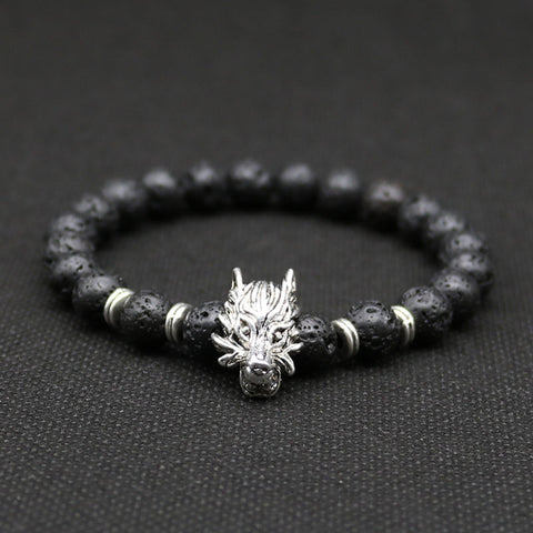 8mm Silver Plated Animal Wolf Head Bracelet With Natural Black Lava Rock Stone Energy Men Beaded Bracelets For Women A-5 - Wolfmall