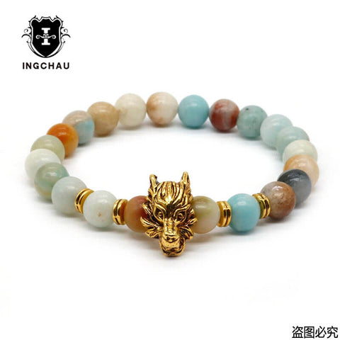 8mm Silver Plated Animal Wolf Head Bracelet With Natural Black Lava Rock Stone Energy Men Beaded Bracelets For Women A-5 - Wolfmall